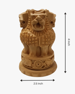 Handcrafted wooden pen stand featuring the Ashoka Lion Capital design with carved lions, holding pens and stationery.