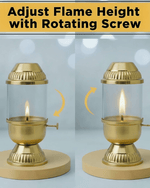 Demonstration of adjusting flame height using rotating screw knob on brass Akhand diya