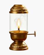 Pure brass Akhand Jyoti diya with lit flame and protective glass chimney