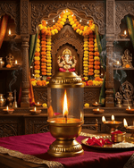 Brass Akhand Jyoti lamp lit in a decorated home mandir for pooja and festival rituals