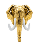 A front-facing view of a polished gold elephant head decorative wall hook with white, upturned tusks and a central trunk, isolated against a solid black background