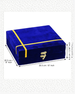 Blue velvet pooja thali set gift box with size dimensions 20.5 cm 8 inch and 6.5 cm height
