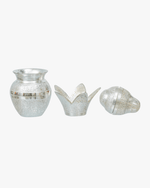 Silver engraved kalash set with lid and decorative leaf components for Hindu Prayer rituals