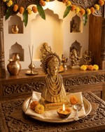 Traditional Indian home temple setup featuring a golden brass Laxmi statue, brass Kalash pots, incense sticks, and festive marigold garland decorations