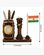 Dimensions of Wooden Ashok Stambh pen stand with clock and Indian Flag measuring 5.5 inches in length and 4.5 inches in height.