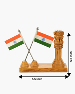 5.5 inch length and 5.5 inch height dimensions for wooden Ashok Stambha and Indian tricolor flag stand.