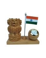 Wooden Ashoka Lion Capital pen stand with clock and Indian flag desk organizer