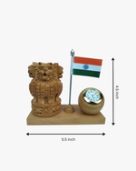 Wooden Ashoka Lion Capital pen stand with clock and Indian flag desk organizer