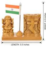 Product dimensions showing 5.5 inches length and 4.5 inches height for wooden Ganesha pen stand with Indian flag.