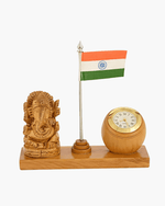 Handcrafted wooden Lord Ganesha desk stand with Indian flag and round clock on white background