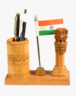 Wooden desk pen stand featuring the Lion Capital of Ashoka and a mini Flag of India with pen holder for office desk organization.