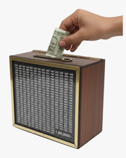 Wooden ₹1,00,000 savings challenge money box with printed savings tracker