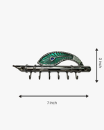 7 inch Krishna flute wall key holder with peacock feather design and multiple hooks for keys
