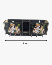 9 inch Radha Krishna MDF key holder with hooks and compartments, decorative wall organizer for keys and accessories