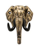 A straight-on, close-up shot of the antique gold-finished elephant head hook with black tusks, centered against a solid black background