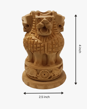 Handcrafted wooden pen stand featuring the Ashoka Lion Capital design with carved lions, holding pens and stationery.
