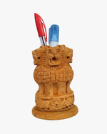 Handcrafted wooden Ashoka Lion Capital pen stand holding pens, traditional desk organizer