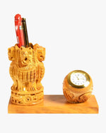 Wooden desk organizer featuring Ashoka Lion Capital design pen holder with analog table clock on a wooden base for office or study table.