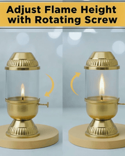 Demonstration of adjusting flame height using rotating screw knob on brass Akhand diya
