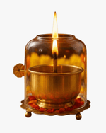 Brass Akhand Jyot diya with glass cover and burning flame for pooja and home temple