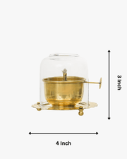 Brass Akhand Jyot diya with glass cover showing 4 inch width and 3 inch height dimensions