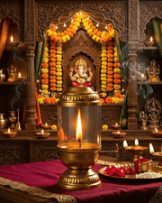 Brass Akhand Jyoti lamp lit in a decorated home mandir for pooja and festival rituals