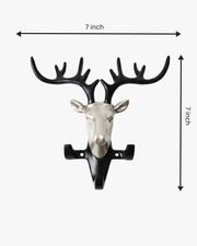 Deer head wall mounted key holder with antler hooks showing 7 inch width and 7 inch height dimensions
