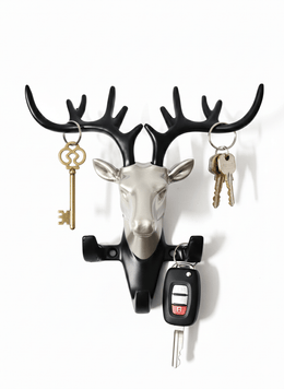 Modern deer head wall key holder with antlers holding keys and car remote, stylish home decor hook