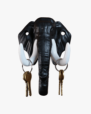 Front view of black elephant head key holder with white tusk hooks holding keys