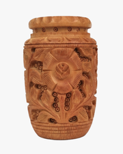 Back side view of hand carved wooden pen holder with detailed floral carving