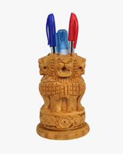 Handcrafted wooden Ashoka Lion Capital pen stand holding pens, traditional desk organizer