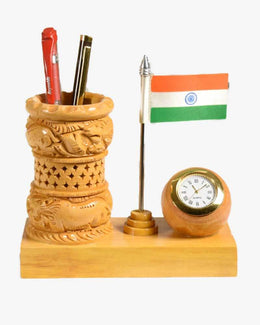 Handcrafted wooden desk organizer with pen holder, Indian flag and mini clock