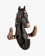 Front view of horse head key holder with dual hooks, black matte and copper finish wall decor