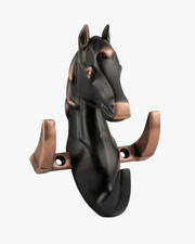 Front view of horse head key holder with dual hooks, black matte and copper finish wall decor