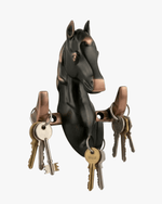 Horse design wall key holder with multiple hooks holding keys, black and copper finish decorative organizer
