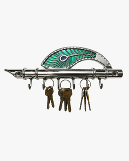 Silver flute style decorative wall key holder with peacock feather and multiple hooks