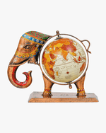 Traditional Indian-style metal elephant world globe showpiece with intricate colorful engravings and a copper-finish base