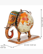 Hand-painted metal elephant globe decor measuring 25.5 cm in length and 19 cm in height, featuring a rotating world map and ethnic gemstone-style embellishments