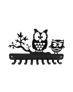 Black metal wall decor featuring two owls perched on a branch, with multiple hook-like prongs extending from the bottom bar, shown on a plain white background.
