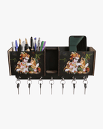 Radha Krishna MDF key holder with mobile stand and pen holder, multi-functional wall organizer with hooks for keys and stationery