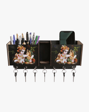 Radha Krishna MDF key holder with mobile stand and pen holder, multi-functional wall organizer with hooks for keys and stationery