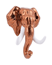 A three-quarter perspective view of the glossy copper elephant head key holder with curved white tusks, set against a dark black background