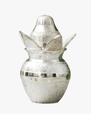 Beautifully engraved silver kalash pot assembled with decorative top for religious rituals and home temple