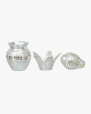 Silver engraved kalash set with lid and decorative leaf components for Hindu Prayer rituals