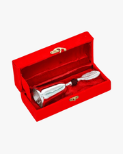 Silver plated rudraksha pooja bell packed in premium red velvet gift box, ideal for gifting and prayer use