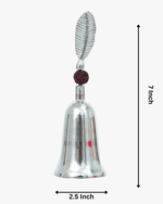 Silver pooja bell with rudraksha design showing size details, 7 inch height and 2.5 inch width