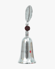 Silver plated pooja bell with rudraksha bead and leaf handle, elegant religious bell for home temple use