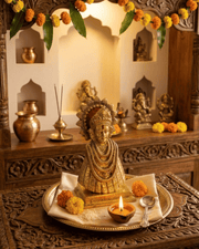 Traditional Indian home temple setup featuring a golden brass Laxmi statue, brass Kalash pots, incense sticks, and festive marigold garland decorations