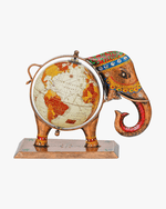 Traditional Indian-style metal elephant world globe showpiece with intricate colorful engravings and a copper-finish base