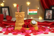 Valentine's Day Wooden Pen Stand with Flag and Clock